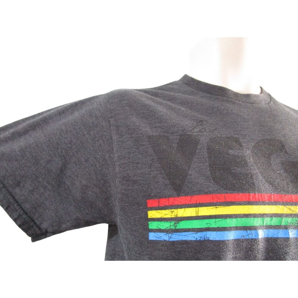 Rainbow Stripe Vintage Vegas Charcoal T Shirt Unisex Small Distressed GUC - Picture 11 of 12
